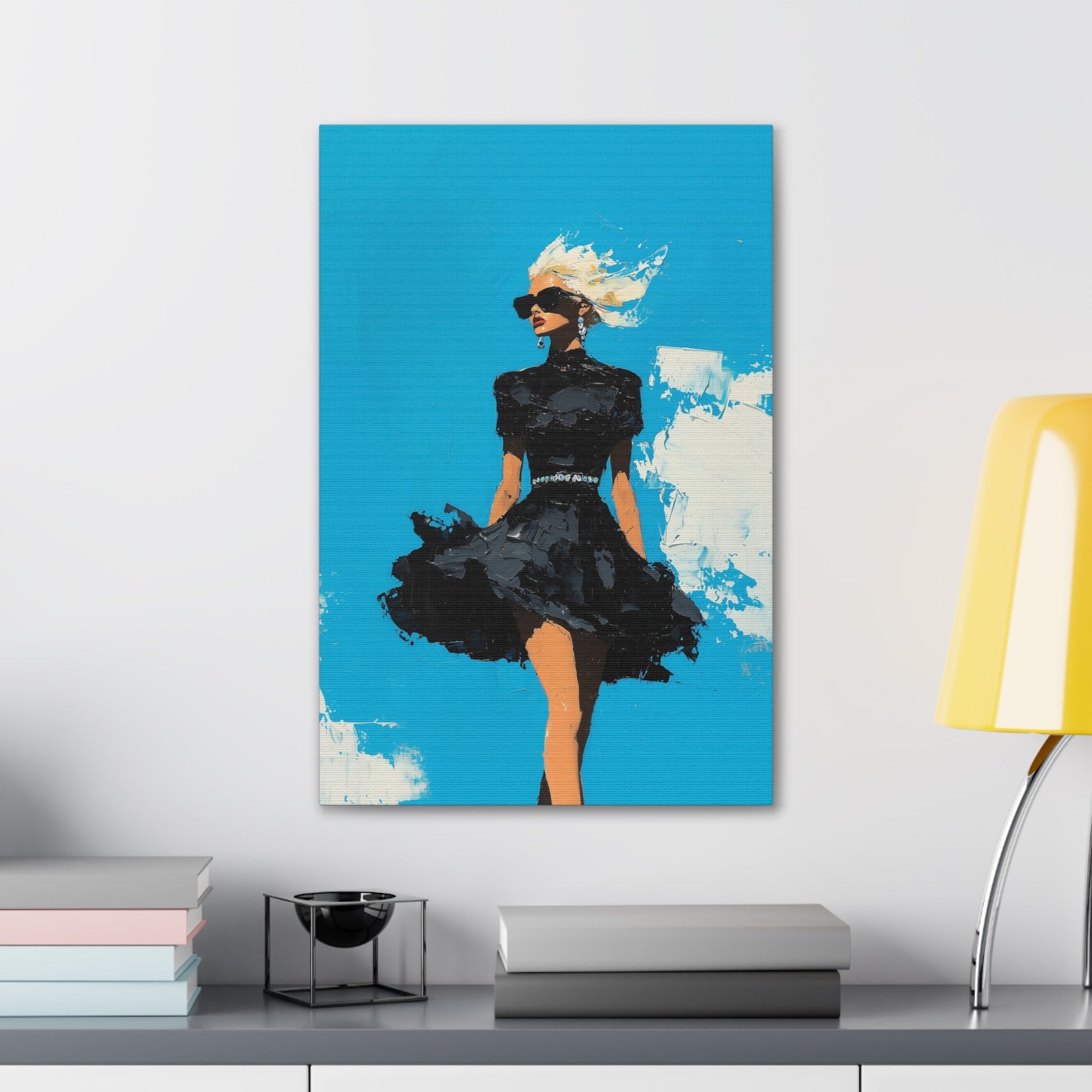 Vertical-oriented wall art: "Black Enigma II." A confident woman walks gracefully in a textured black dress, her wind-blown hair illuminated against a vibrant cerulean sky. The bold palette knife technique and striking contrasts emphasize empowerment and elegance.