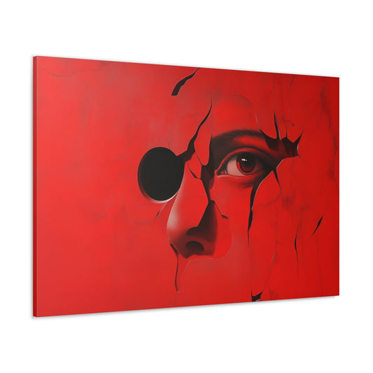 Horizontal-oriented wall art: "Veil of Vision" A mysterious eye peers through fractured layers in a vivid red canvas, creating a striking contrast between shadow and vibrant color. This surreal artwork invites viewers to ponder the hidden depths beneath the surface.