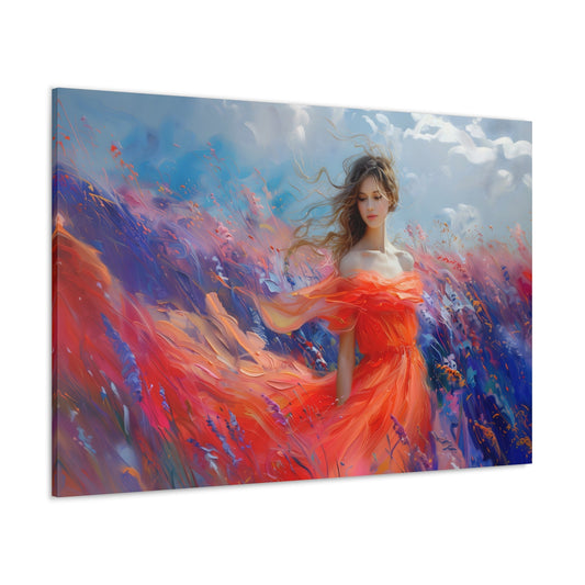 Horizontal-oriented wall art: A serene woman in a vibrant orange dress stands in a colorful, abstract meadow, with fluid brushstrokes and vivid hues creating a dreamlike atmosphere. The impressionistic style and soft lighting evoke a sense of tranquility and ethereal beauty.