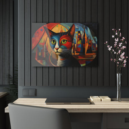 Horizontal-oriented wall art: A vibrant, abstract portrayal of a cat featuring dynamic angles and bold geometric shapes, rendered in rich, saturated colors. The composition captures the essence of the feline’s curiosity and grace, offering a modernist perspective on the animal world.