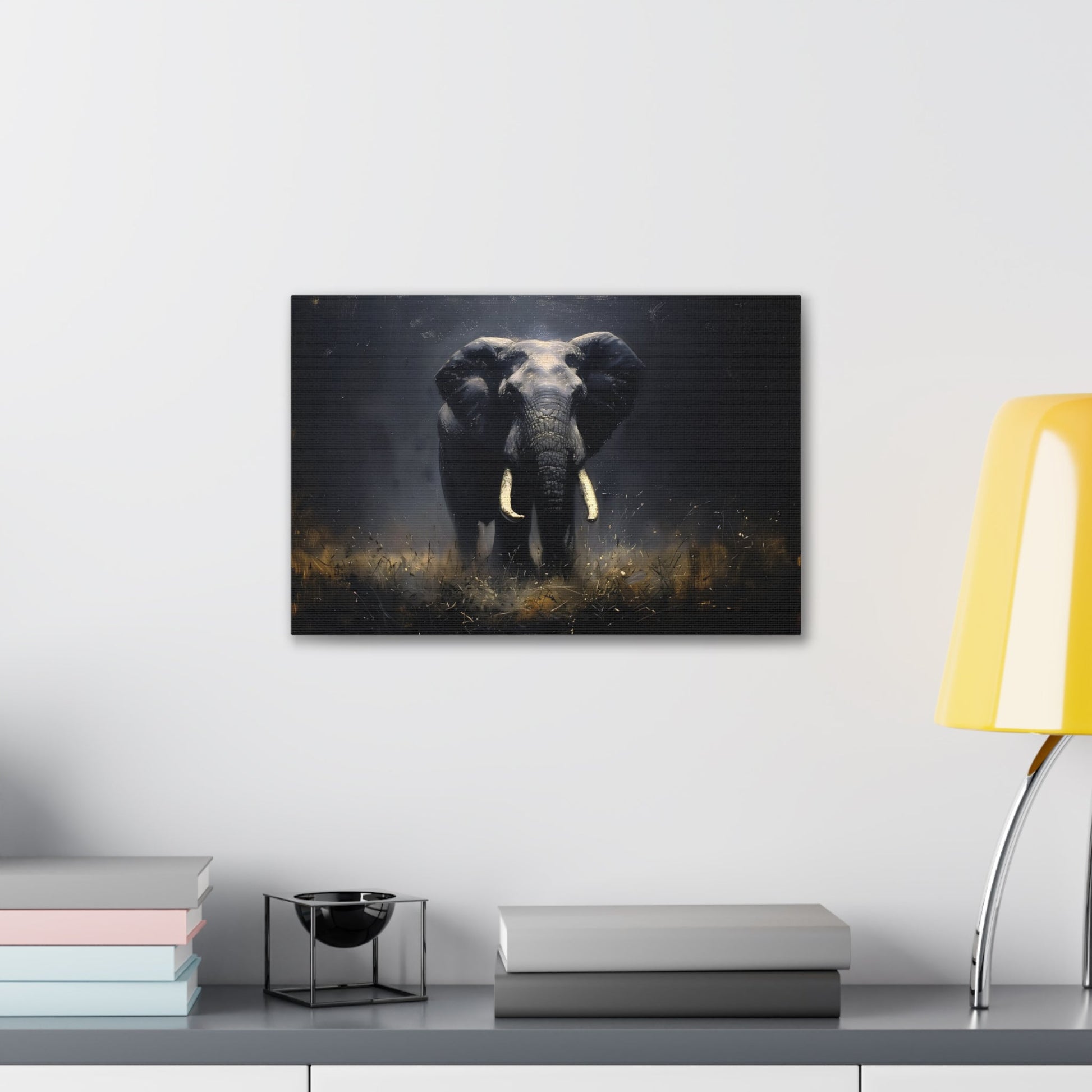 Horizontal-oriented wall art: Elephant's Shadow from the Darklight Bestiary collection depicts a majestic elephant inspired by Chiaroscuro painting technique. The interplay of light and shadow highlights the elephant's powerful form, creating a dramatic and captivating visual experience.