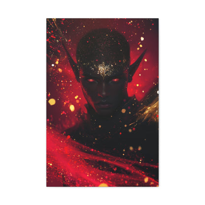 Horizontal-oriented wall art: "Obsidian Elegance" A striking portrait of a black elf with glowing red eyes and intricate gold accents adorning their forehead, set against a fiery background of vibrant red and gold hues. The artwork radiates an aura of power, mystery, and elegance, capturing the essence of ethereal beauty.