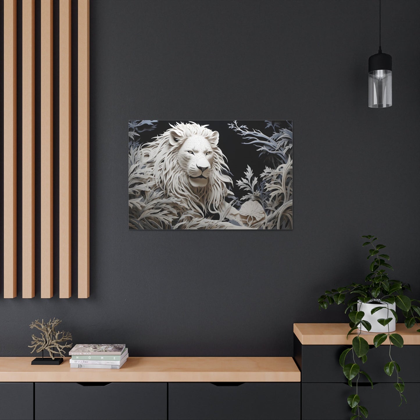 Horizontal-oriented wall art: Celebrate the majestic beauty of the lion with 'Cut to the King,' a stunning piece from our Wildlife Whims collection. This paper cutout inspired artwork captures the regal essence of the king of the jungle, with exquisite details and vibrant colors, adding a touch of the wild to your space.