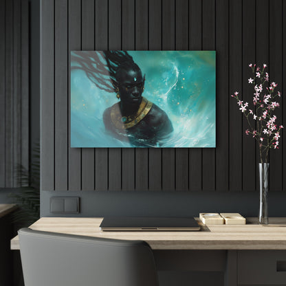 Horizontal-oriented wall art: "Obsidian Elegance II" A striking portrait of a Black elf adorned with intricate golden jewelry, surrounded by swirling, vibrant turquoise water. The composition highlights the figure's regal presence and otherworldly grace in a captivating fantasy setting.