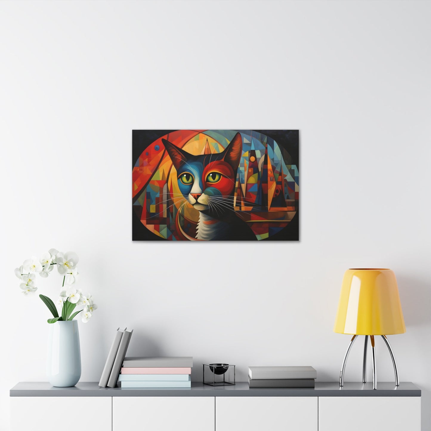 Horizontal-oriented wall art: A vibrant, abstract portrayal of a cat featuring dynamic angles and bold geometric shapes, rendered in rich, saturated colors. The composition captures the essence of the feline’s curiosity and grace, offering a modernist perspective on the animal world.