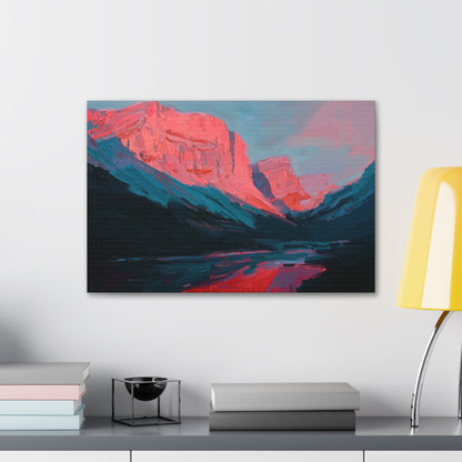 Horizontal-oriented wall art: "Timeless Peaks" Landscape artwork titled Timeless Peaks from the Bold Horizons collection, featuring vibrant crimson and pink mountains reflected in a tranquil lake. The piece highlights bold brushstrokes and a dynamic interplay of warm and cool colors, evoking majesty and serenity.