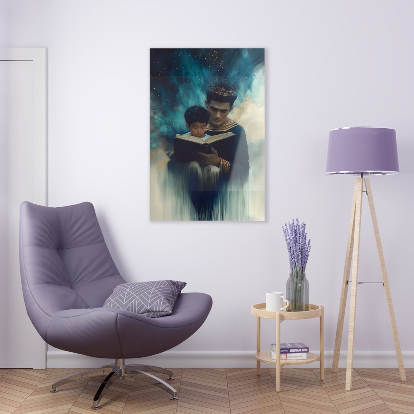 Vertical-oriented wall art: "Crowning Knowledge VI" depicts a father and son wearing golden crowns, reading a book together, surrounded by a swirling, cosmic blue and teal background. The soft, ethereal atmosphere emphasizes the serene and mystical bond of shared learning and wisdom between the two figures.