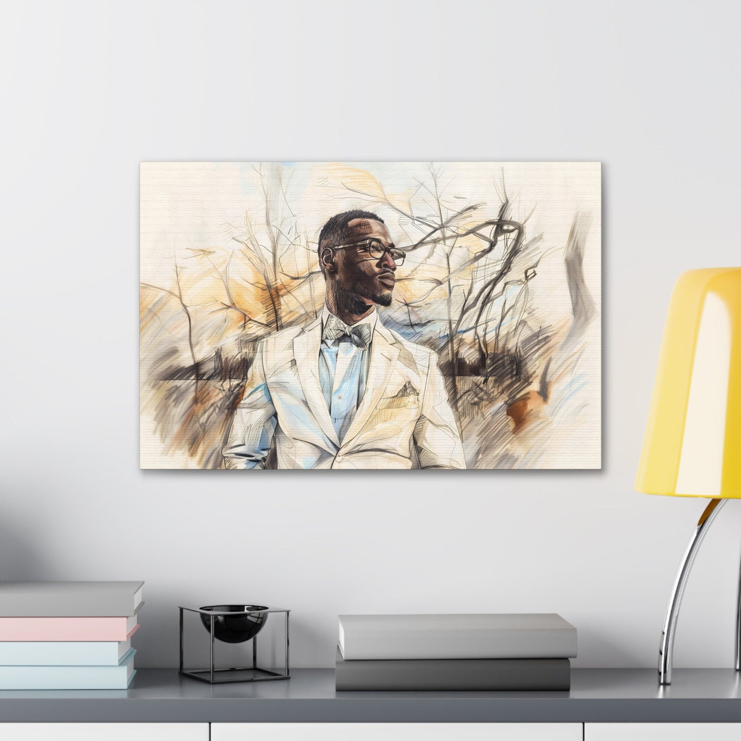 Horizontal-oriented artwork: Digital artwork depicting a stylish man wearing glasses and a white suit against a backdrop of trees.