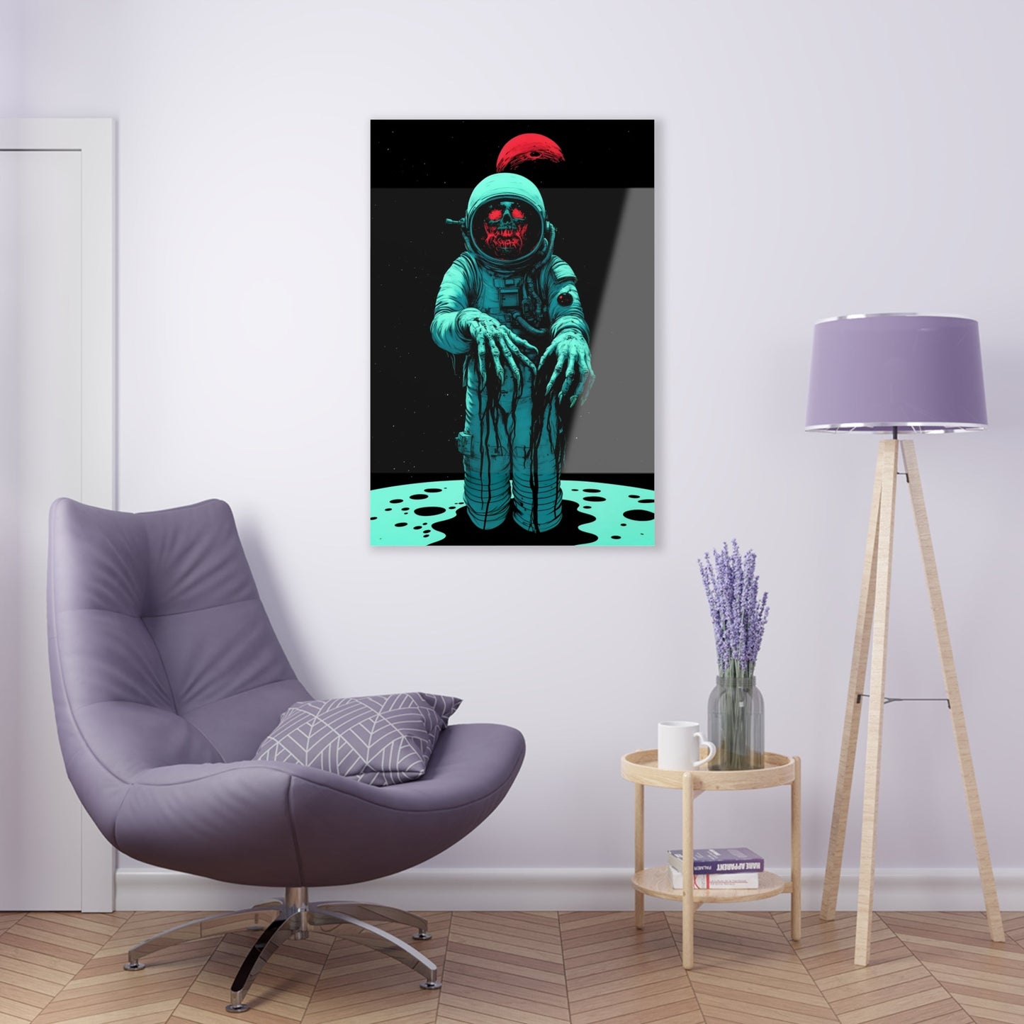 Vertical-oriented wall art: "Cosmic Remains IV" A decayed astronaut, with grotesque hands reaching forward, stands against a dark space background, illuminated by eerie teal and red tones. The haunting figure evokes a sense of cosmic horror and isolation, creating a striking contrast between the decaying form and the endless void.