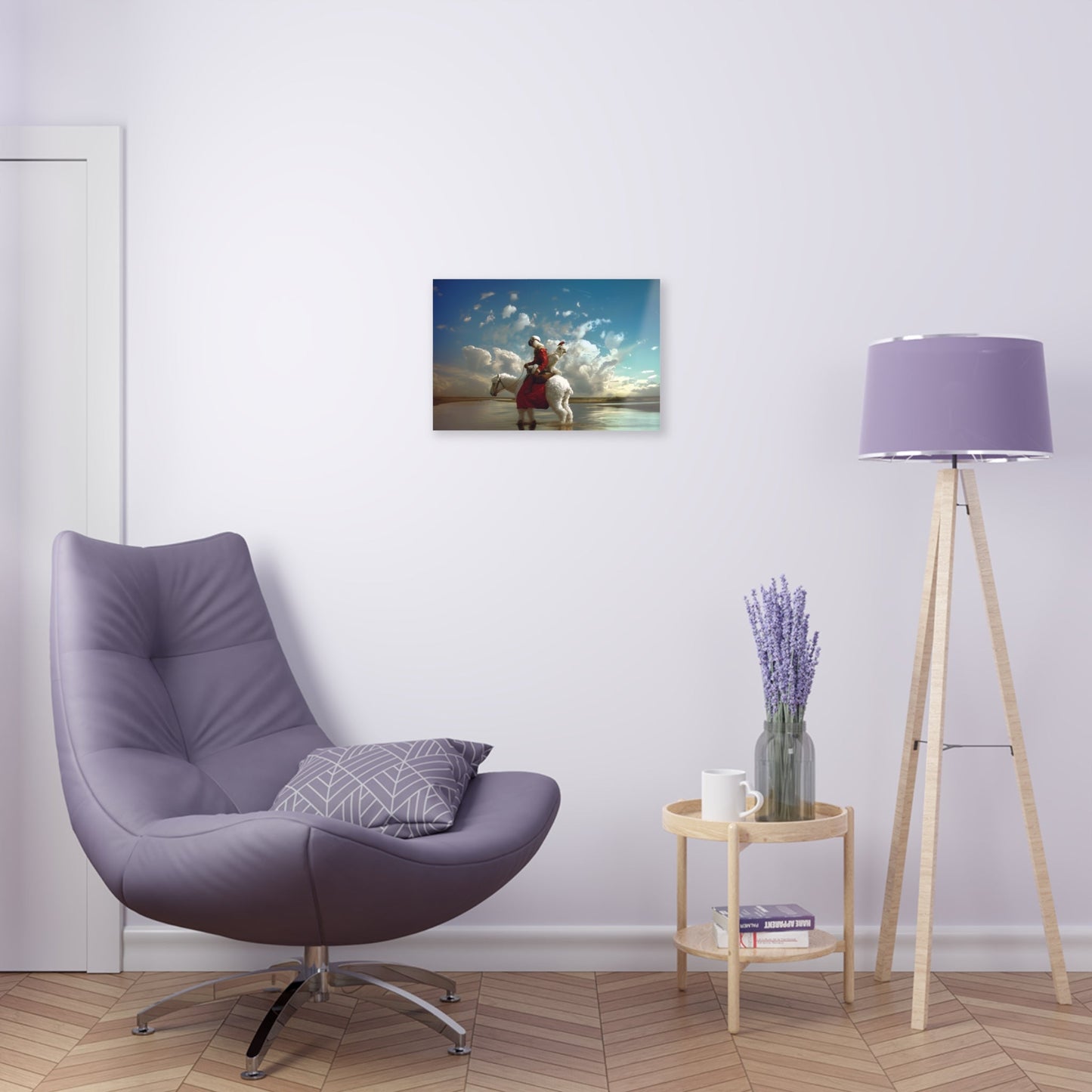 Horizontal-oriented wall art: A surreal photorealistic artwork featuring a monkey dressed in a red top and brown boots riding a white alpaca through shallow water in the desert. The monkey is accompanied by a red bird and a white parrot, all under a cloudy blue sky.