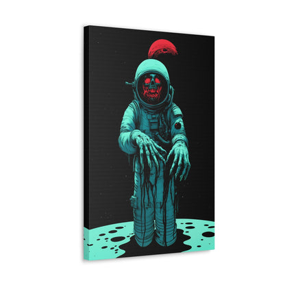 Vertical-oriented wall art: "Cosmic Remains IV" A decayed astronaut, with grotesque hands reaching forward, stands against a dark space background, illuminated by eerie teal and red tones. The haunting figure evokes a sense of cosmic horror and isolation, creating a striking contrast between the decaying form and the endless void.