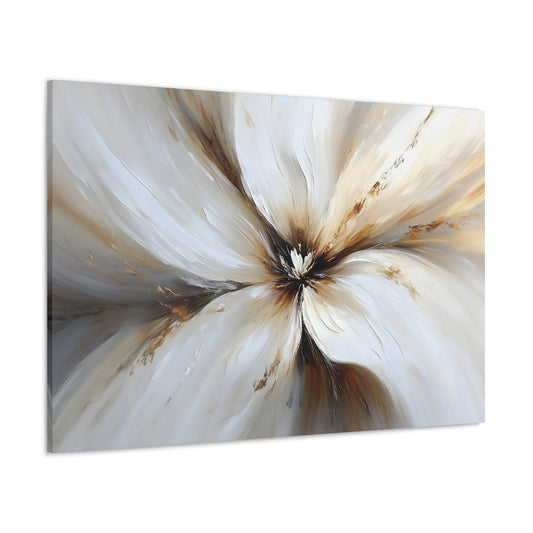 Horizontal-oriented wall art: "Whispering Ivory" A softly abstract ivory flower blooms, with delicate brushstrokes radiating from its center in shades of cream and beige. The gentle, flowing petals create a calming, serene atmosphere, evoking a sense of quiet elegance.