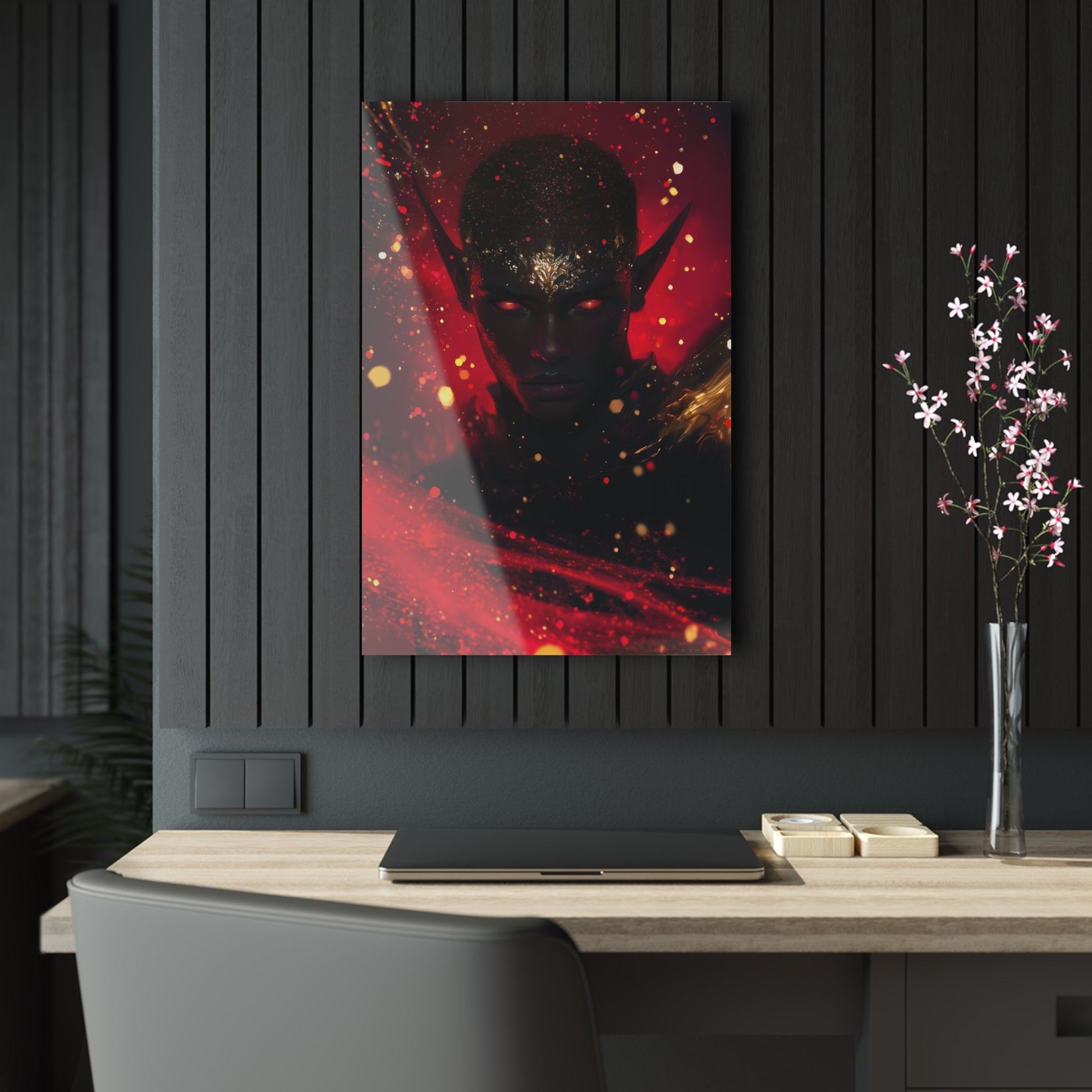 Horizontal-oriented wall art: "Obsidian Elegance" A striking portrait of a black elf with glowing red eyes and intricate gold accents adorning their forehead, set against a fiery background of vibrant red and gold hues. The artwork radiates an aura of power, mystery, and elegance, capturing the essence of ethereal beauty.