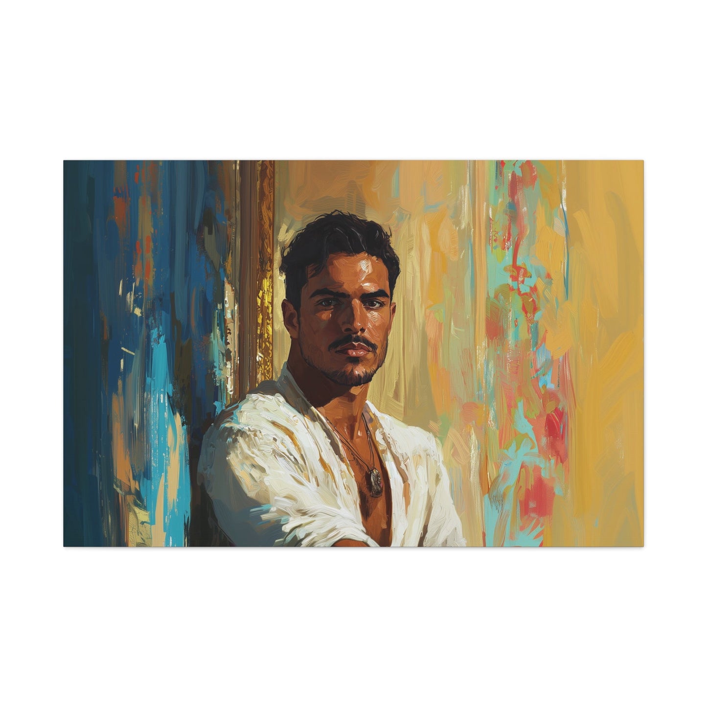 Horizontal-oriented wall art: "Stillness in Strength." A contemplative Latino man gazes forward with quiet confidence, surrounded by warm golden hues and cool blue accents. The oil painting style and radiant lighting create a refined and introspective composition.