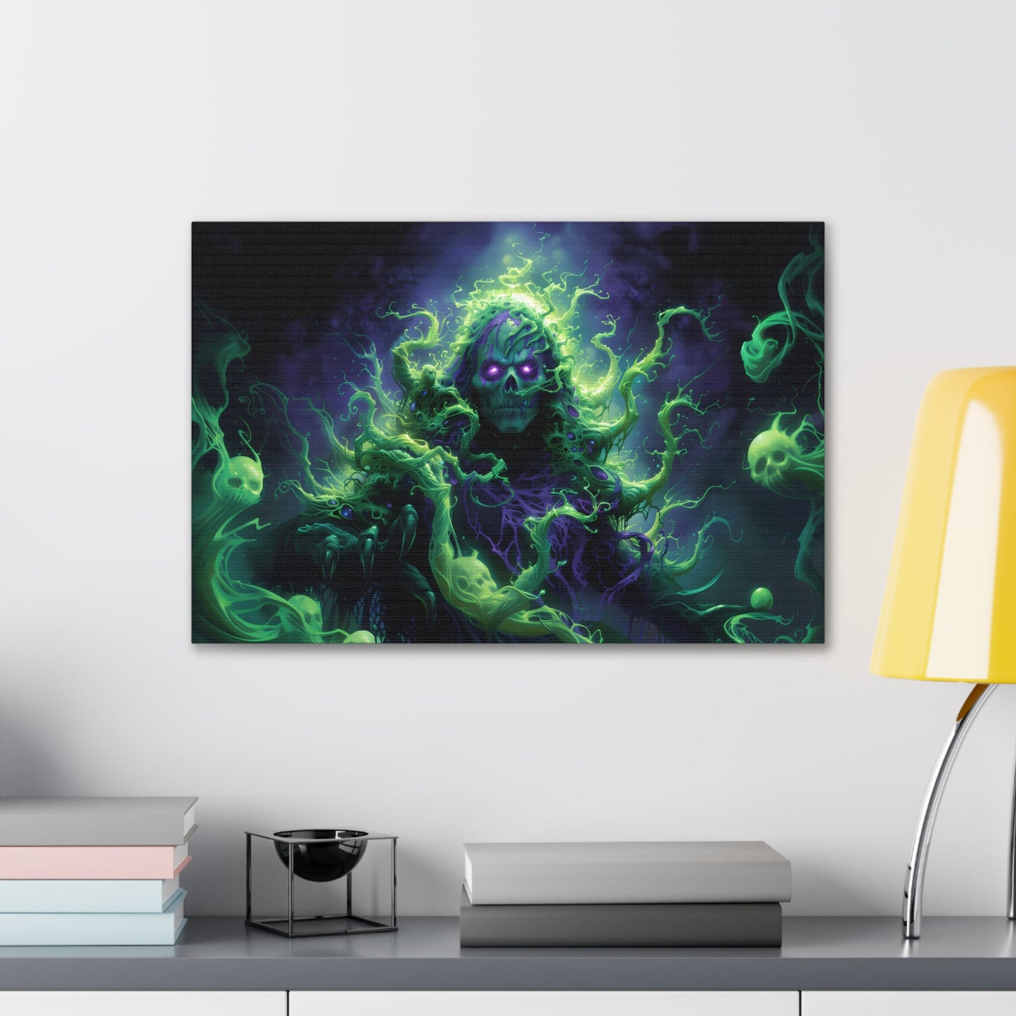 Horizontal-oriented artwork: An eerie illustration featuring a mystical lich with glowing eyes, surrounded by eldritch energies in shades of green and purple, against a dark, ominous background.