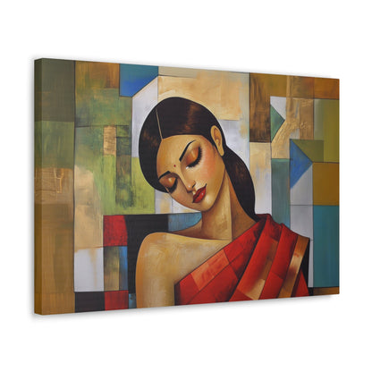 Horizontal-oriented wall art: "Fractured Grace." An Indian woman in traditional attire is depicted in a Cubist style, her contemplative expression framed by geometric shapes and bold colors of red, green, and gold. The textured background and soft dramatic lighting create an elegant and serene composition.