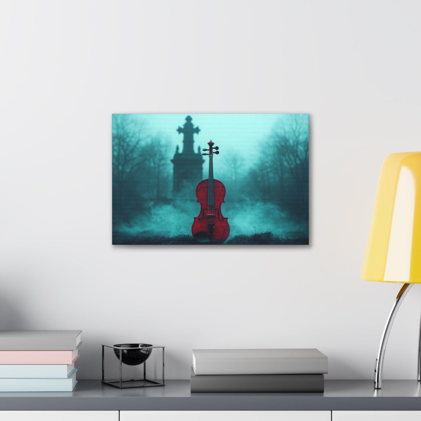 Horizontal-oriented wall art: "The Mourning Violin." A vivid red violin stands alone in a misty graveyard, framed by a dark, Gothic cross in the background. Diffused teal lighting and soft shadows create a haunting and melancholic atmosphere.