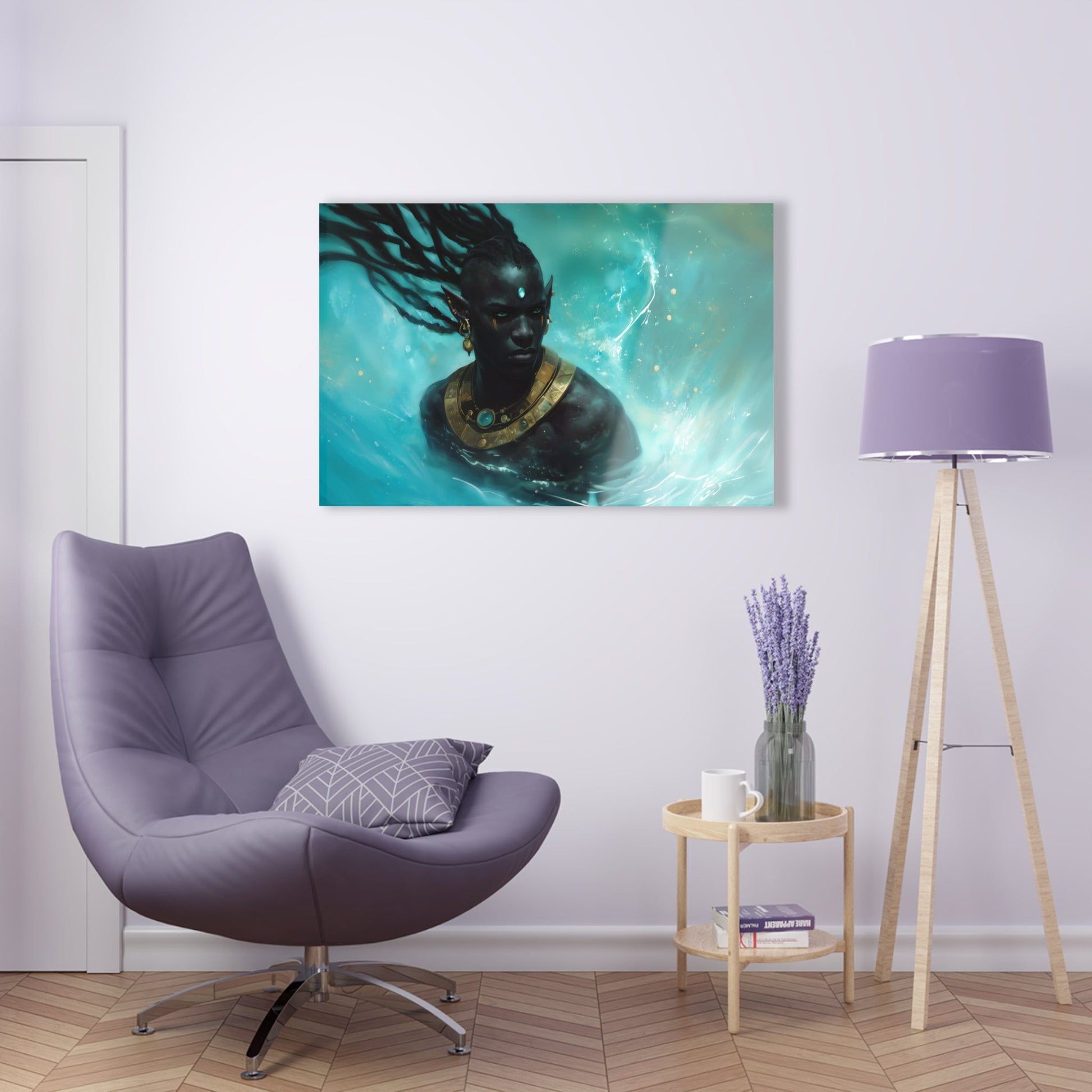 Horizontal-oriented wall art: "Obsidian Elegance II" A striking portrait of a Black elf adorned with intricate golden jewelry, surrounded by swirling, vibrant turquoise water. The composition highlights the figure's regal presence and otherworldly grace in a captivating fantasy setting.