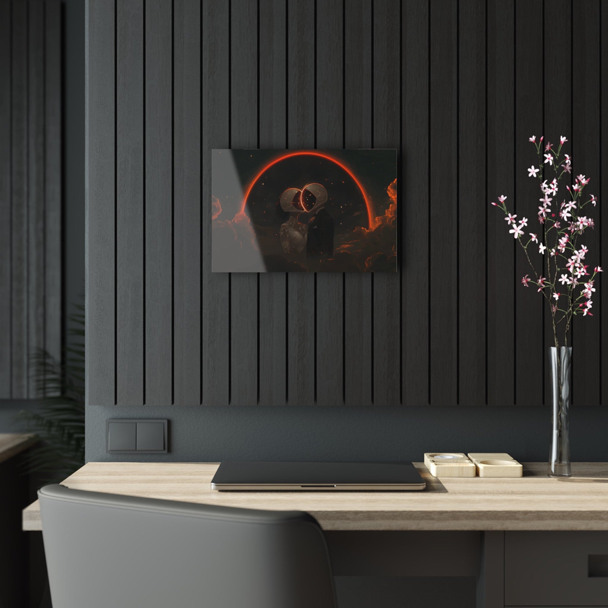 Horizontal-oriented wall art: Two astronauts, dressed in a tuxedo and a wedding dress, share a romantic kiss in space with their helmets forming a glowing heart shape. The dark, starry sky and the bright, orange-red halo create a whimsical and dreamy atmosphere.