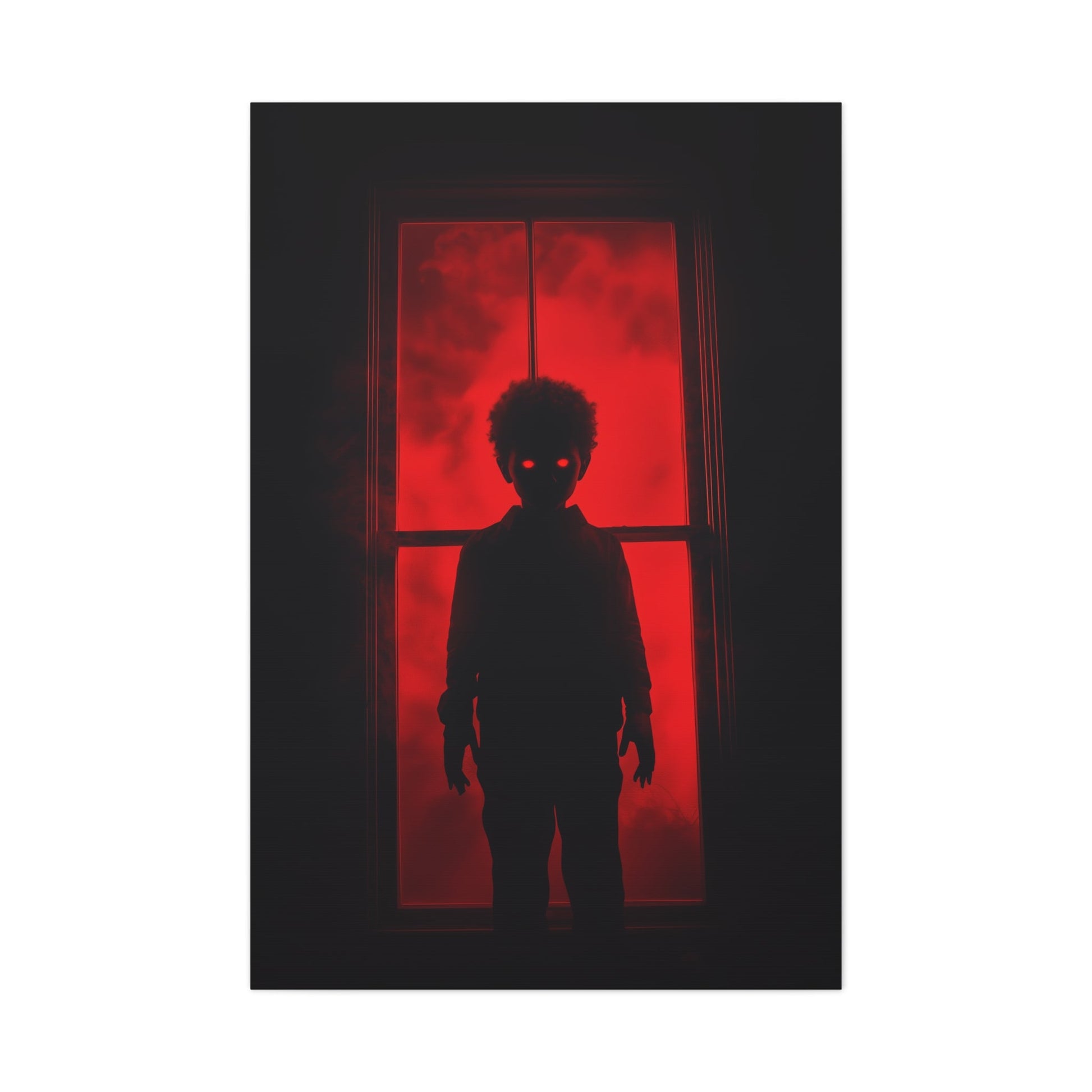 Vertical-oriented wall art: "Shadows in the Mist II." A shadowy child-like figure with glowing red eyes stands against a crimson-illuminated window, shrouded in red mist and black silhouettes, evoking an eerie and supernatural atmosphere.