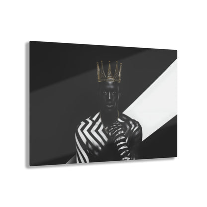 Horizontal-oriented wall art: "Crown of Dignity III" A striking portrait of a regal figure wearing a metallic gold crown, adorned in bold black and white geometric patterns. The artwork captures a modern, dignified presence, blending contemporary abstraction with royal elegance against a high-contrast background.