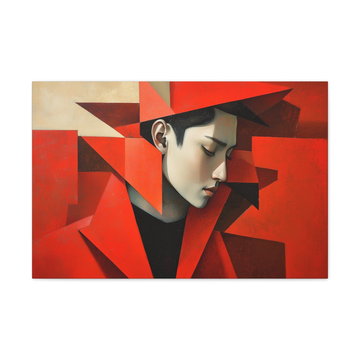 Horizontal-oriented wall art: "Refined in Fragments." A high-fashion Asian male is depicted in a Cubist style, with bold angular red geometric shapes framing his contemplative profile. The soft dramatic lighting contrasts with vivid red tones, creating an expressive and sophisticated composition.