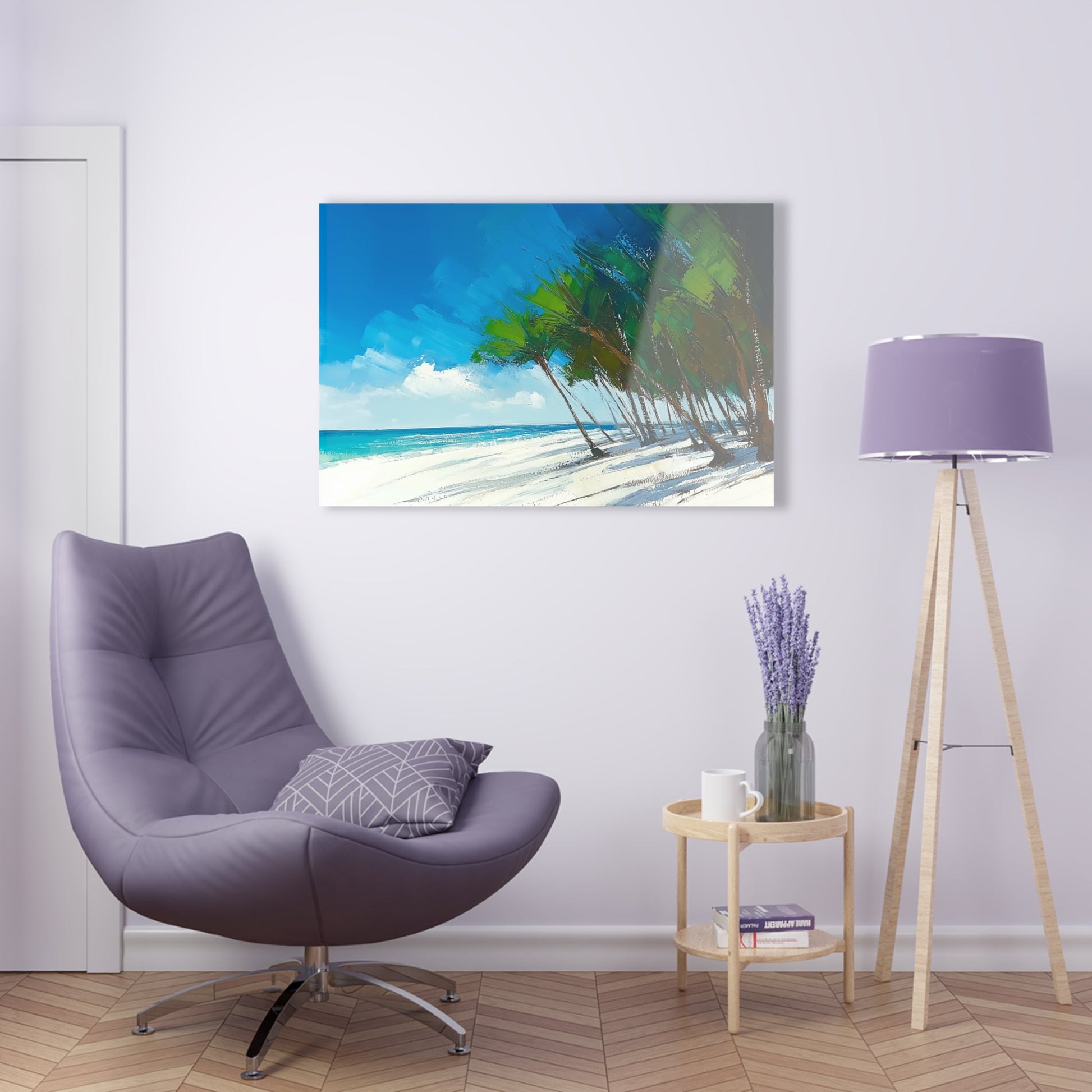 Horizontal-oriented wall art: "Sands of Summer." A serene, golden shoreline meets rippling waves under a pastel sky, blending warm amber hues with soft blues and pinks. The textured impressionistic brushwork creates a dreamy and peaceful coastal scene.