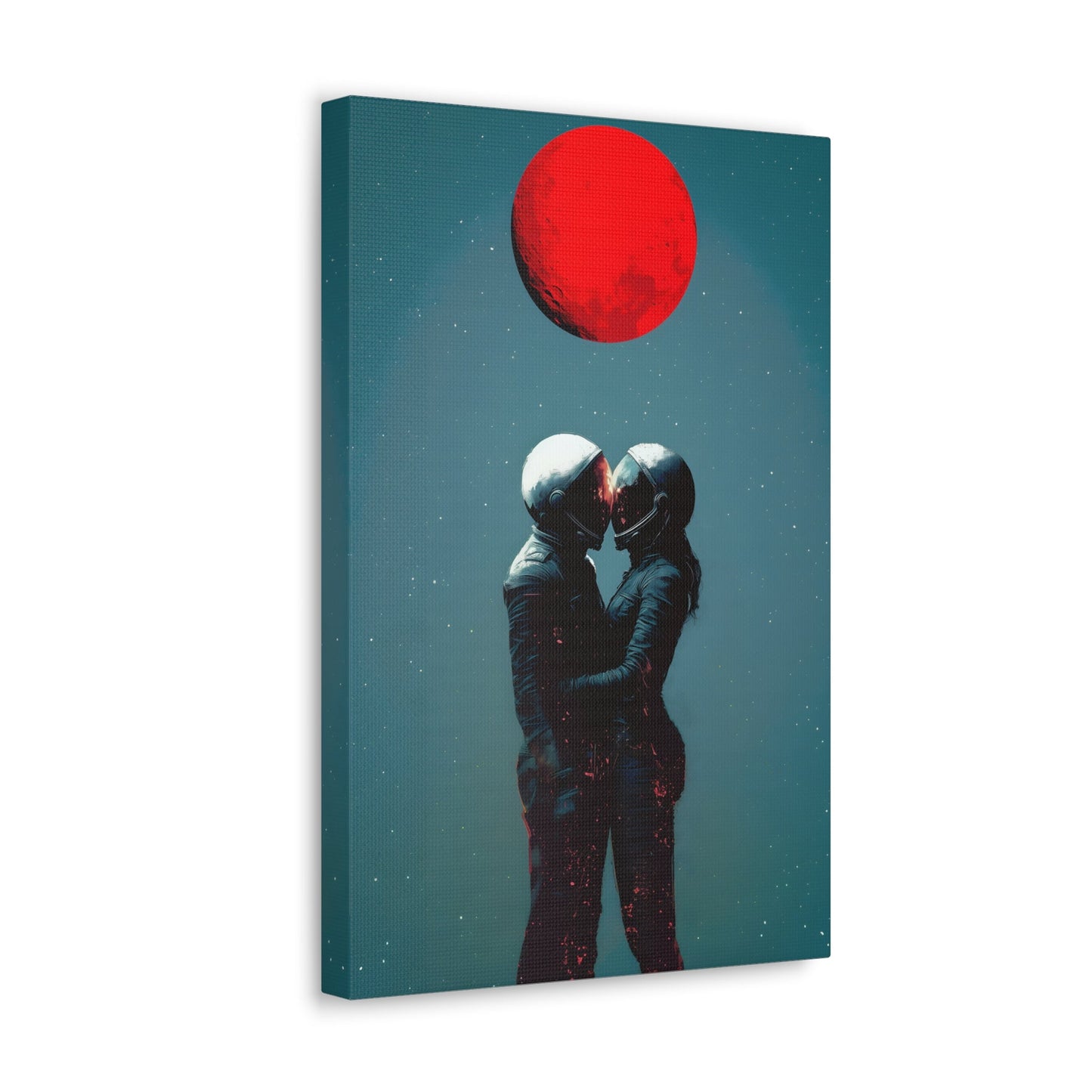 Vertical-oriented wall art: "Galactic Romance IV" depicts two astronauts embracing under a glowing red moon, their helmets gently touching as they share a moment of intimacy in space. The starry background contrasts with the fiery red moon, emphasizing the romantic and cosmic connection between the figures.