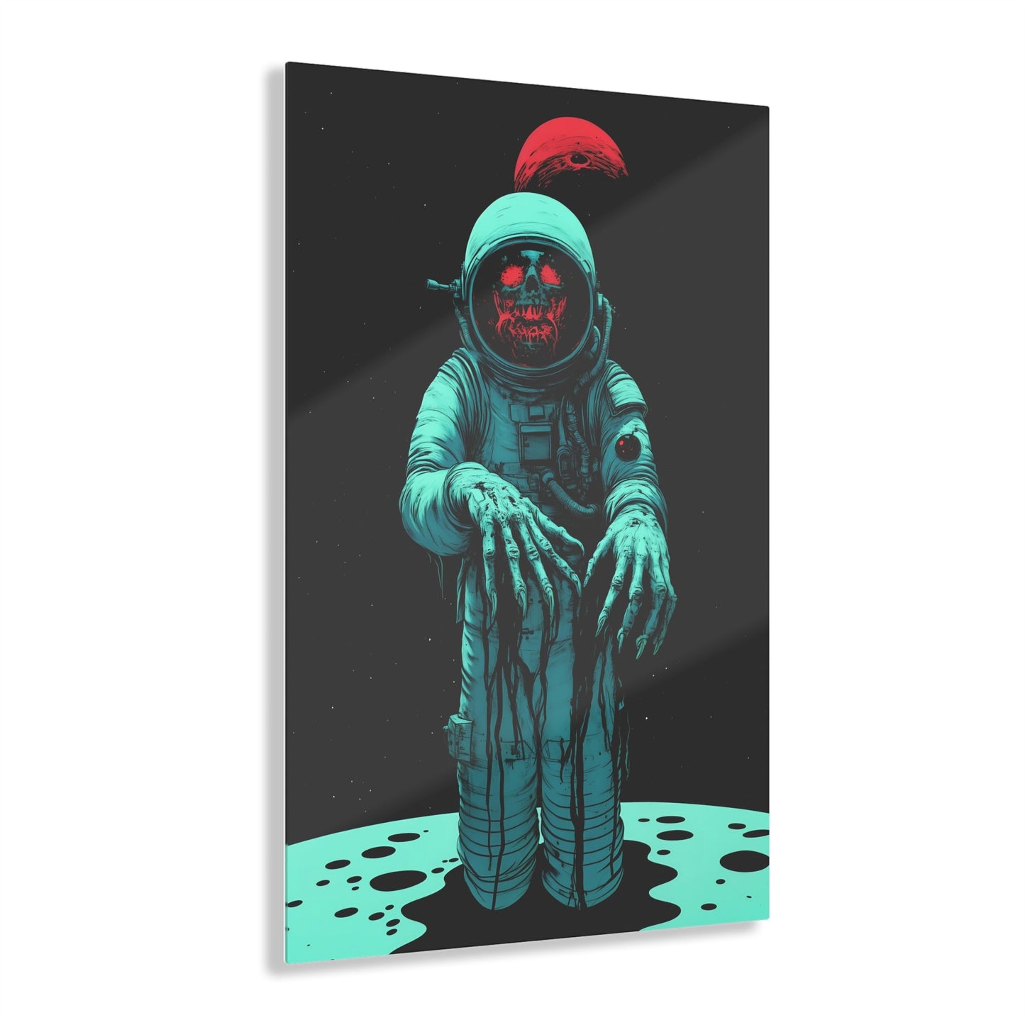 Vertical-oriented wall art: "Cosmic Remains IV" A decayed astronaut, with grotesque hands reaching forward, stands against a dark space background, illuminated by eerie teal and red tones. The haunting figure evokes a sense of cosmic horror and isolation, creating a striking contrast between the decaying form and the endless void.