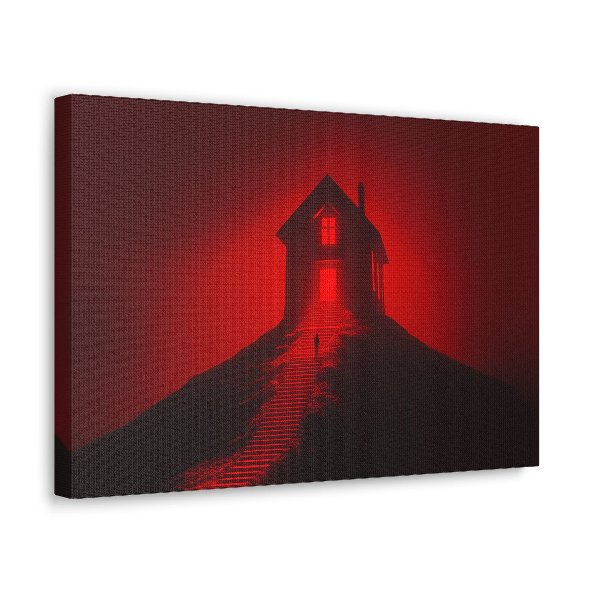 Horizontal-oriented wall art: Artwork titled Crimson Ascent from the Ruby Realms collection, featuring a glowing red house atop a hill with a solitary figure ascending a shadowed staircase. The piece creates an eerie and surreal atmosphere with its intense red glow and dramatic contrast.