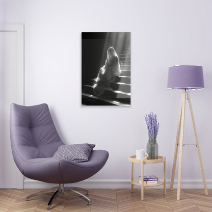 Vertical-oriented wall art: An eerie depiction of a ghostly apparition, its translucent form sitting on stairs, surrounded by a soft, ethereal glow.