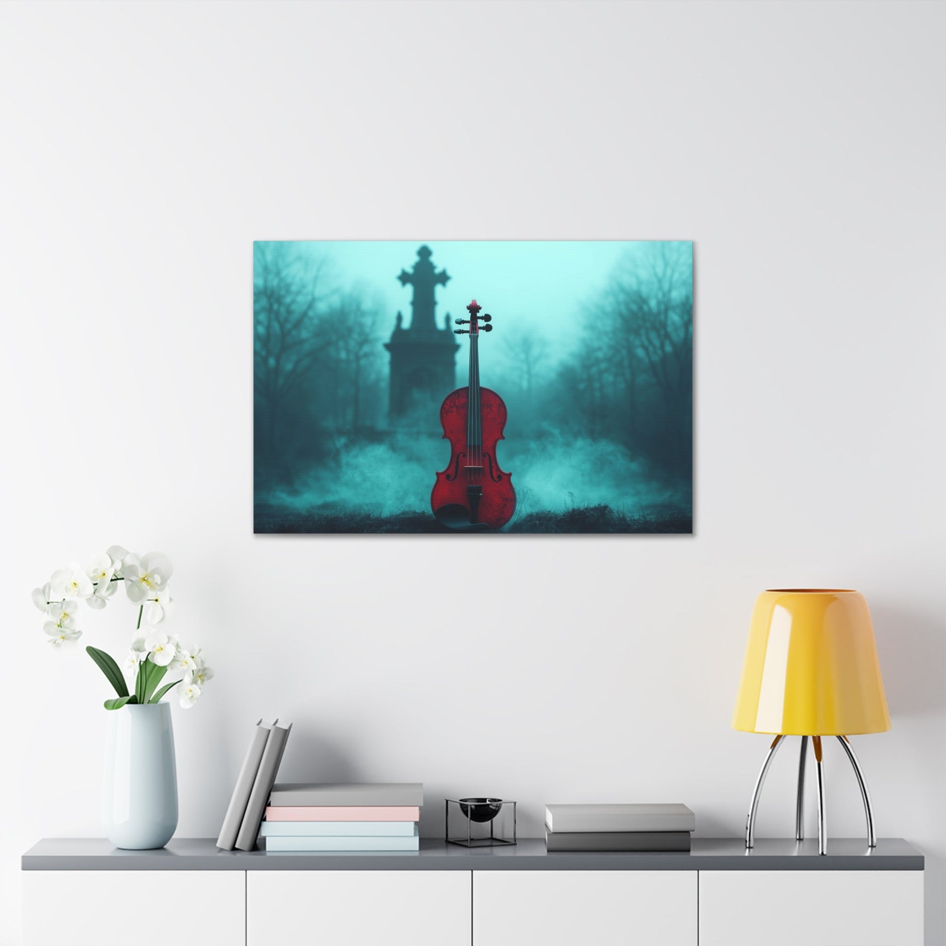 Horizontal-oriented wall art: "The Mourning Violin." A vivid red violin stands alone in a misty graveyard, framed by a dark, Gothic cross in the background. Diffused teal lighting and soft shadows create a haunting and melancholic atmosphere.