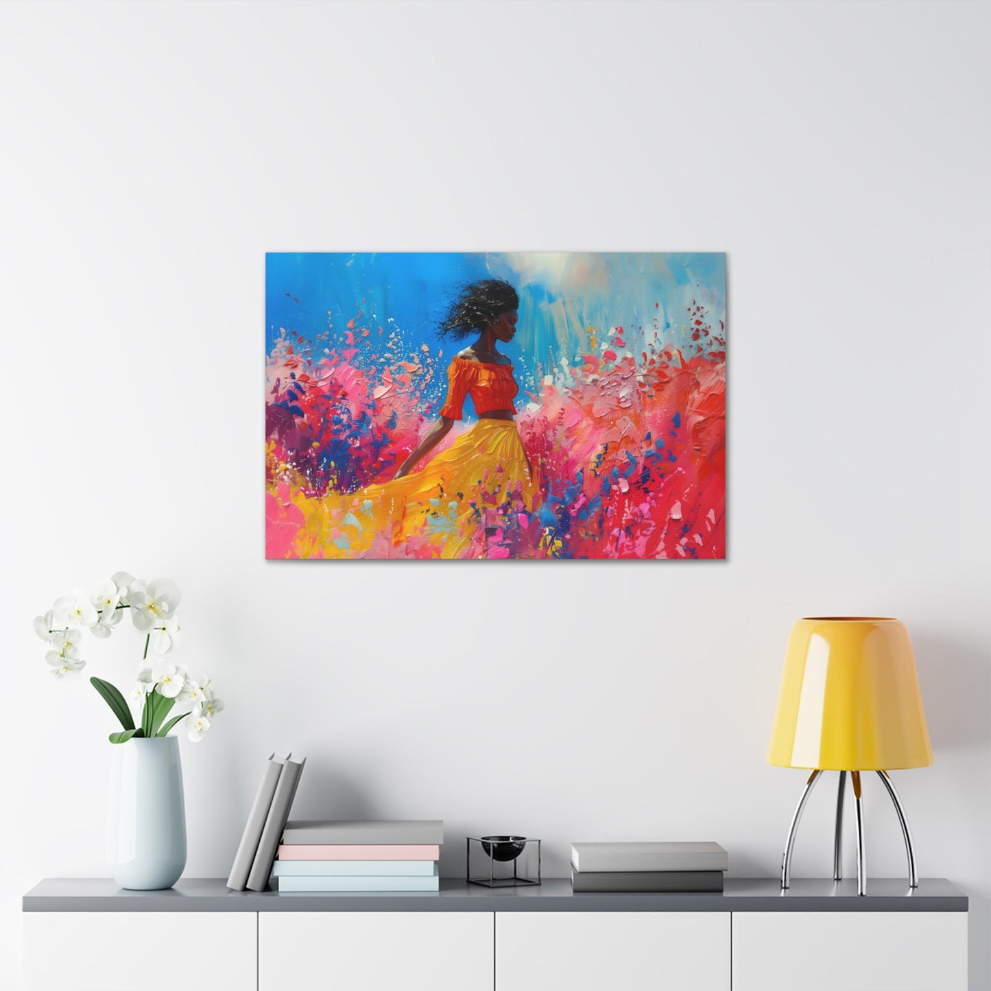 Horizontal-oriented artwork: An abstract palette knife oil painting featuring a woman walking through a colorful landscape of swirling paint splashes and vibrant hues.