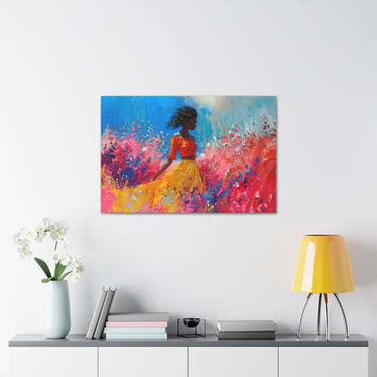 Horizontal-oriented artwork: An abstract palette knife oil painting featuring a woman walking through a colorful landscape of swirling paint splashes and vibrant hues.