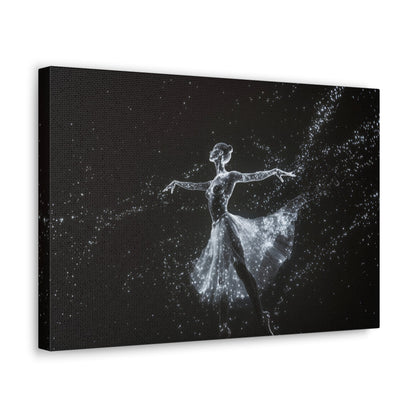 Horizontal-oriented wall art: "Cosmic Ballet III" A ballerina made of radiant, star-like dots gracefully dances against a dark, star-filled backdrop, her silhouette shining in monochromatic light. The scene captures the ethereal beauty of a cosmic dance, with stars trailing from her flowing skirt.