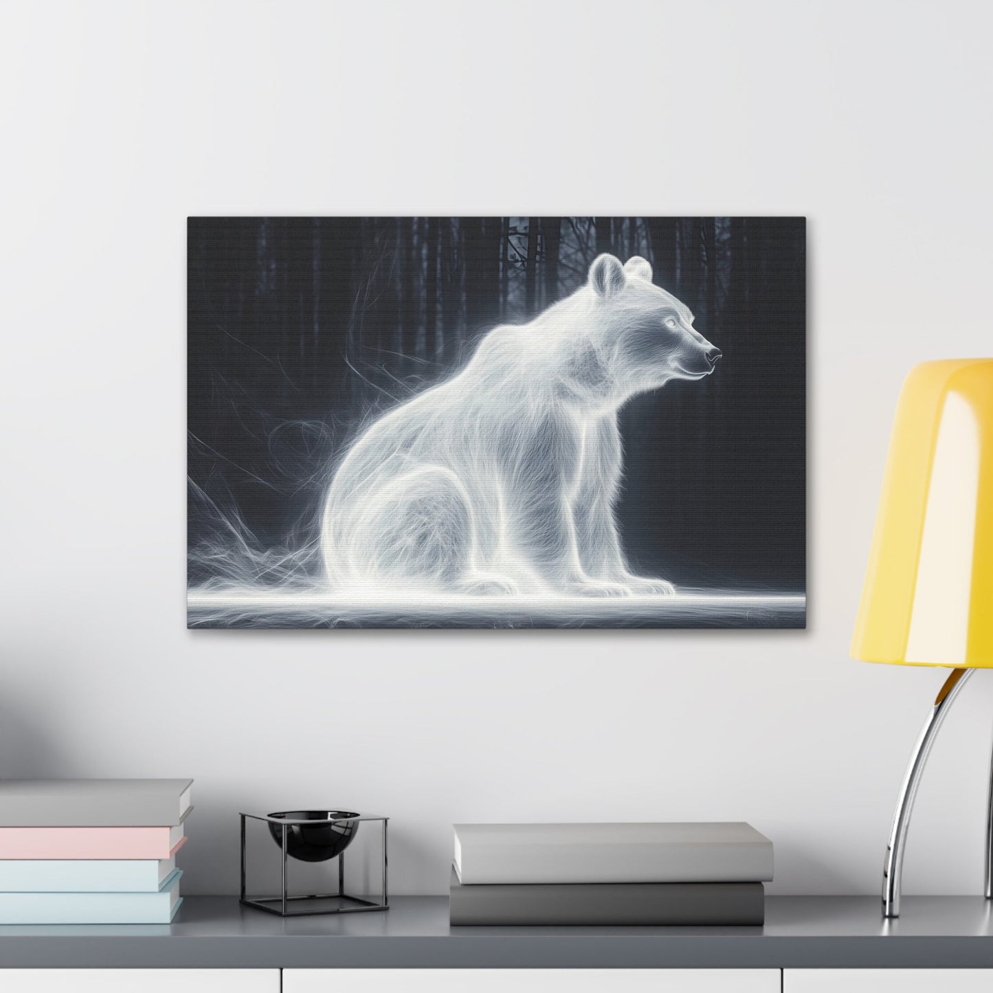 Horizontal-oriented wall art: "Glowing Guardian III" A luminous bear sits serenely in a dark forest, surrounded by a soft, glowing aura that illuminates its form. The ethereal light effect creates a mystical atmosphere, highlighting the bear's calm and protective presence against the shadowy background.