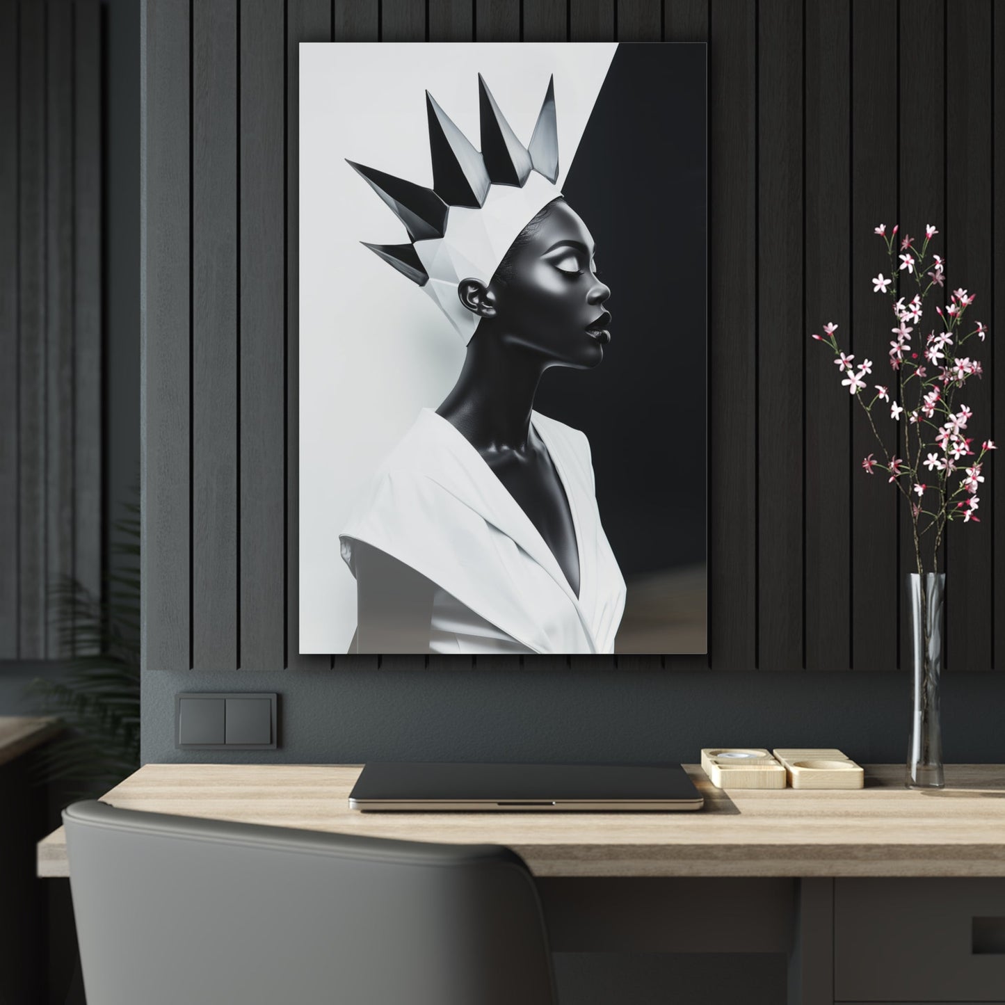 Vertical-oriented wall art: "Majestic Symmetry II" A striking portrait of a modern Black queen with a sharp geometric crown, set against a bold monochromatic background. The artwork highlights her regal elegance and symmetry, blending contemporary design with timeless sophistication.