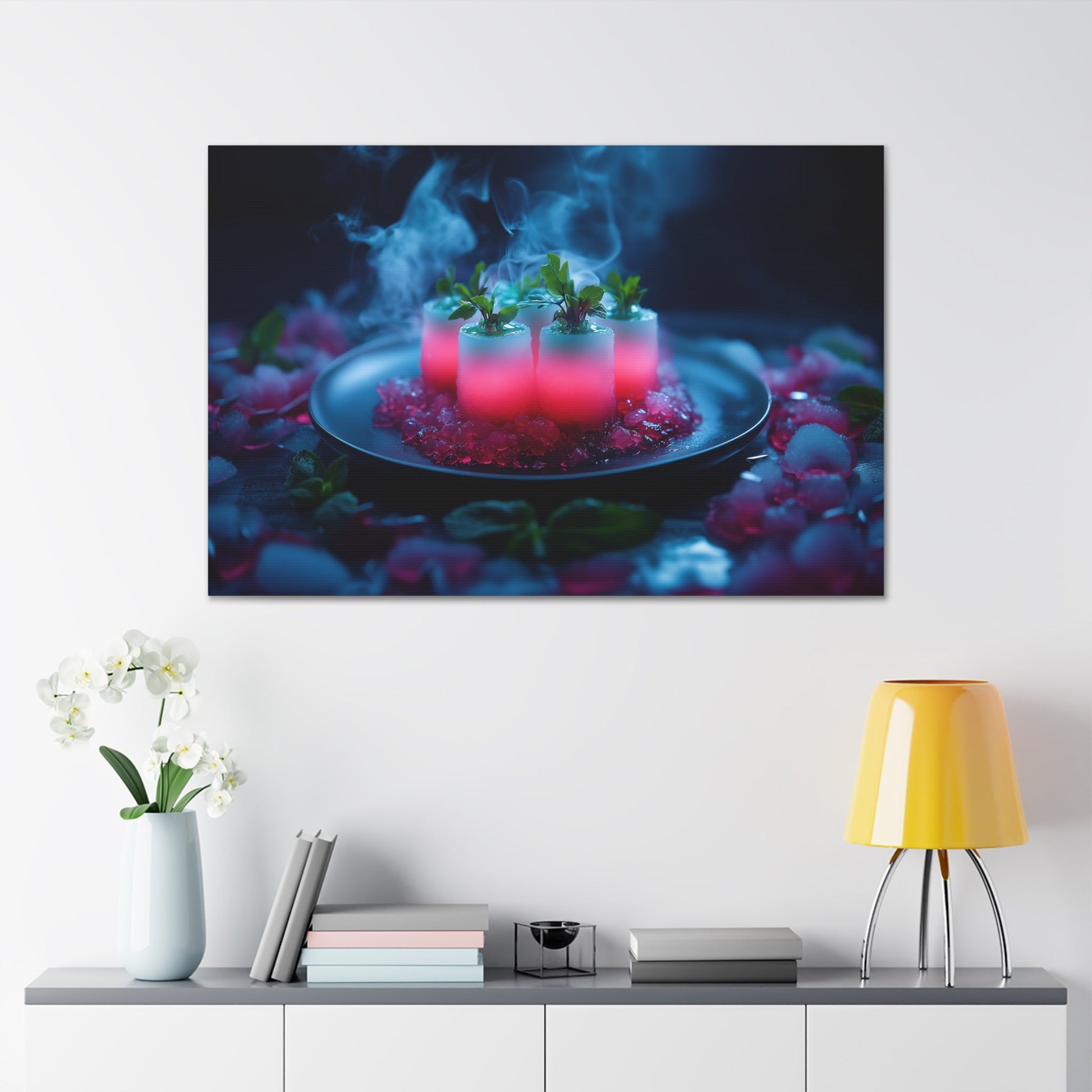 Horizontal-oriented wall art: "Xeno Cuisine." A glowing arrangement of alien meat and bioluminescent vegetables sits on an obsidian plate, surrounded by vapor and crystalline accents. The vibrant pink and cool blue tones contrast against the dark background, creating an otherworldly and surreal atmosphere.