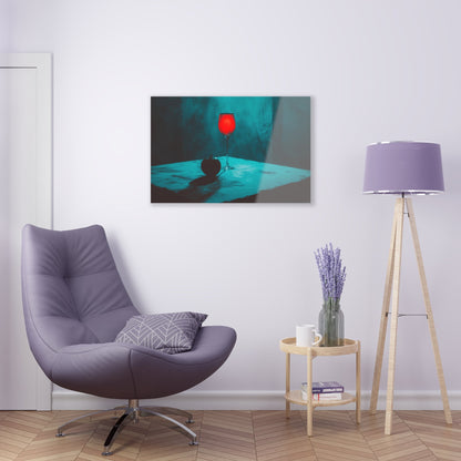 Horizontal-oriented wall art: "Eden’s Reflection" A glowing crimson wine glass and a shadowed black apple rest on a textured table, surrounded by a misty teal atmosphere. This gothic still-life composition captures an air of mystery and temptation with its striking interplay of light and shadow.