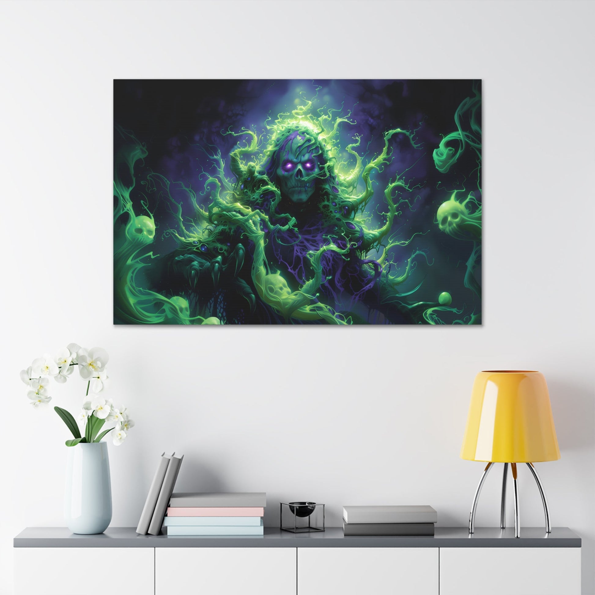 Horizontal-oriented artwork: An eerie illustration featuring a mystical lich with glowing eyes, surrounded by eldritch energies in shades of green and purple, against a dark, ominous background.