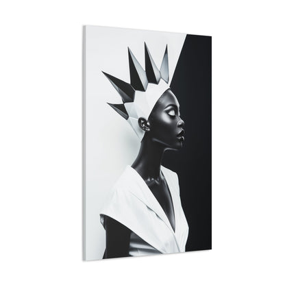 Vertical-oriented wall art: "Majestic Symmetry II" A striking portrait of a modern Black queen with a sharp geometric crown, set against a bold monochromatic background. The artwork highlights her regal elegance and symmetry, blending contemporary design with timeless sophistication.