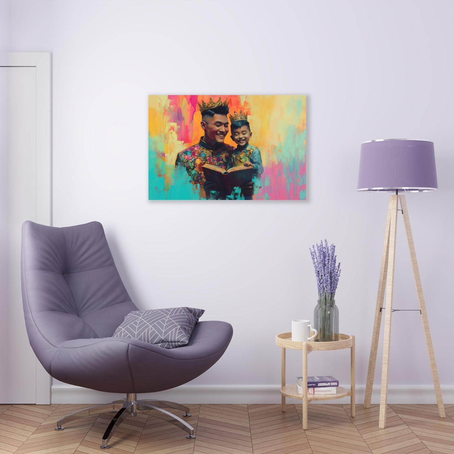 Horizontal-Oriented wall art: "Crowning Knowledge V" depicts a joyful father and son wearing golden crowns, smiling as they share a moment of reading together against a vibrant, abstract background of pinks, oranges, and blues. The artwork blends detailed portraiture with a playful, colorful backdrop, capturing the warmth and happiness of family bonds.