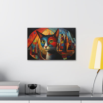 Horizontal-oriented wall art: A vibrant, abstract portrayal of a cat featuring dynamic angles and bold geometric shapes, rendered in rich, saturated colors. The composition captures the essence of the feline’s curiosity and grace, offering a modernist perspective on the animal world.