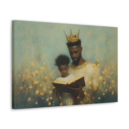 Horizontal-oriented wall art: A kingly father reads to his princely son, both adorned with crowns symbolizing the value of education. The painting features a magical realism style with whimsical elements, emphasizing the importance of knowledge and the bond between generations.