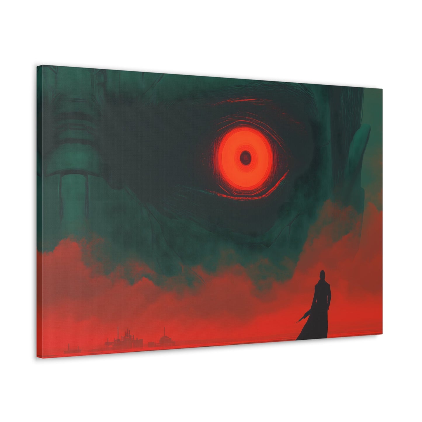 Horizontal-Oriented wall art: A lone hero stands before a massive, glowing red eye that dominates the dark, ominous landscape, symbolizing the looming threat of the final boss. The intense contrast of deep greens and fiery reds heightens the tension, capturing the moment before an epic battle.