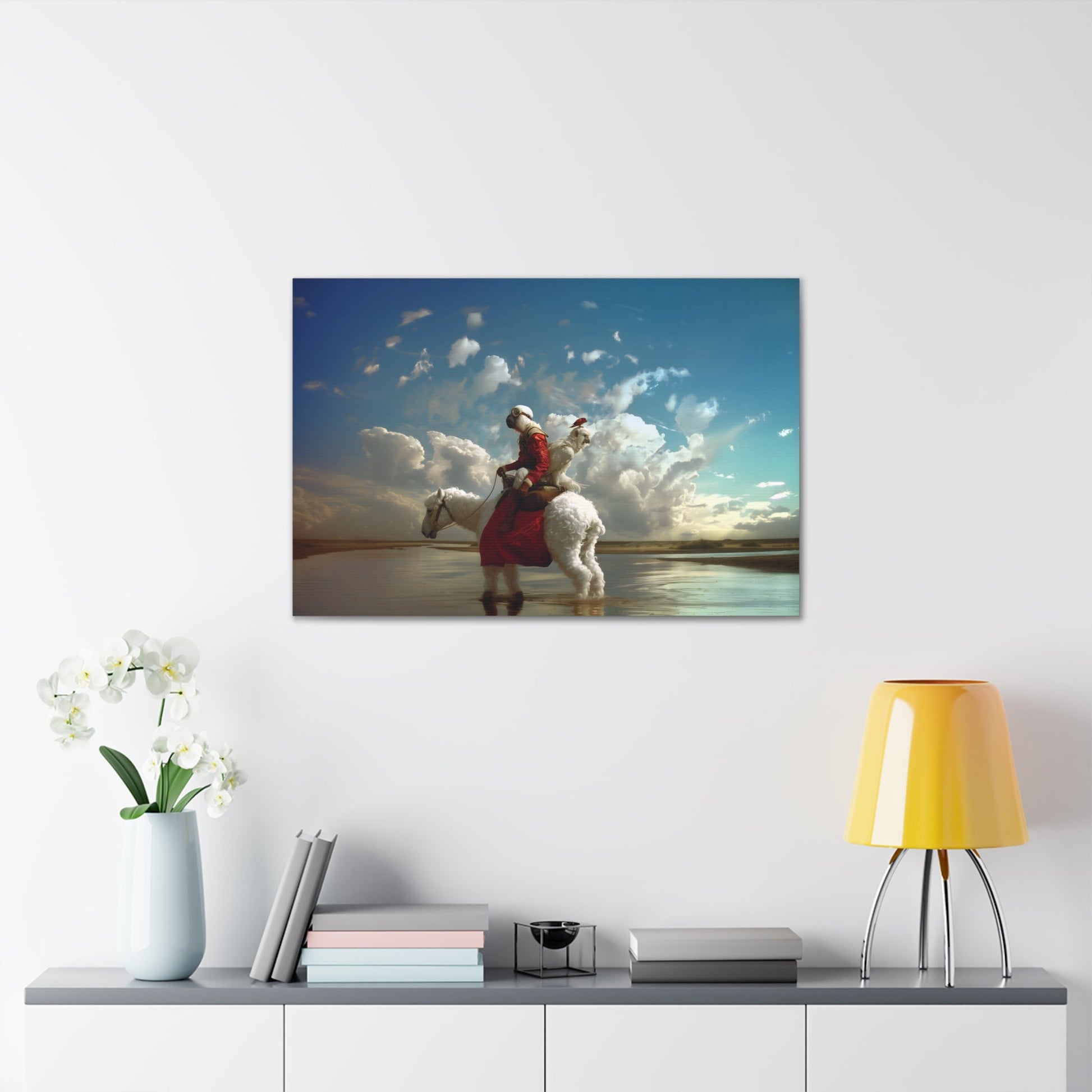 Horizontal-oriented wall art: A surreal photorealistic artwork featuring a monkey dressed in a red top and brown boots riding a white alpaca through shallow water in the desert. The monkey is accompanied by a red bird and a white parrot, all under a cloudy blue sky.