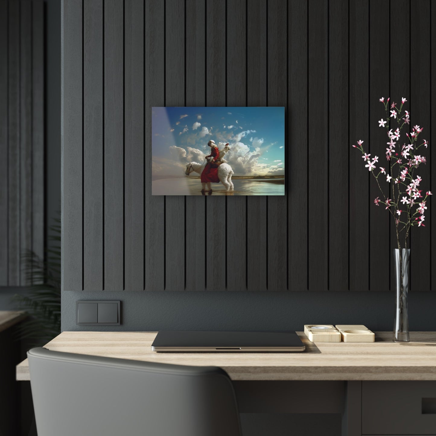 Horizontal-oriented wall art: A surreal photorealistic artwork featuring a monkey dressed in a red top and brown boots riding a white alpaca through shallow water in the desert. The monkey is accompanied by a red bird and a white parrot, all under a cloudy blue sky.