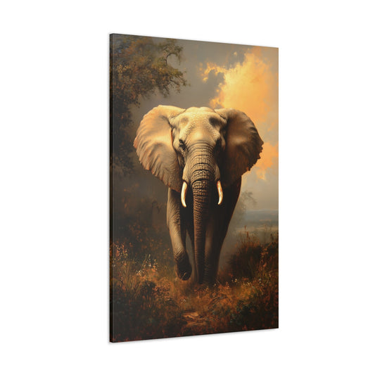 Vertical-oriented wall art: "Elephant's Shadow II" depicts a majestic elephant walking forward in a golden-lit landscape, with intricate details highlighting its textured skin and tusks. The warm, natural lighting and lush background create a serene atmosphere, emphasizing the elephant's strength and grace as it moves through its environment.