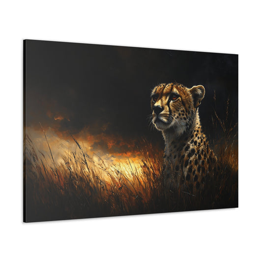 Horizontal-oriented wall art: "Shadowed Speed V" A cheetah sits majestically in tall grasses, its face illuminated by warm sunlight, while dark clouds loom in the background. The scene contrasts light and shadow, highlighting the cheetah’s sleek form and intense gaze against a dramatic, natural landscape.