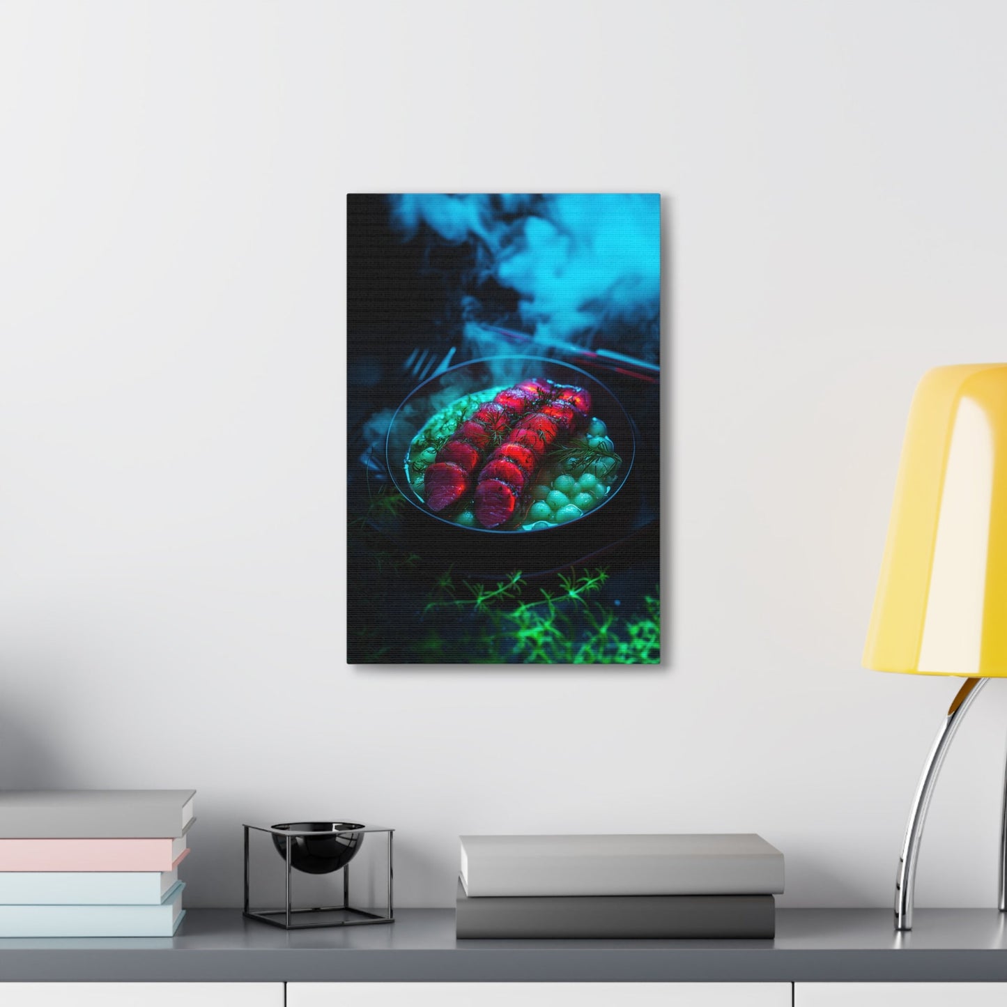 Vertical-oriented wall art: "Xeno Cuisine II." A glowing plate of vibrant red alien meat and bioluminescent green vegetables sits on a dark, misty backdrop. The surreal lighting and vivid colors evoke a futuristic, otherworldly atmosphere.